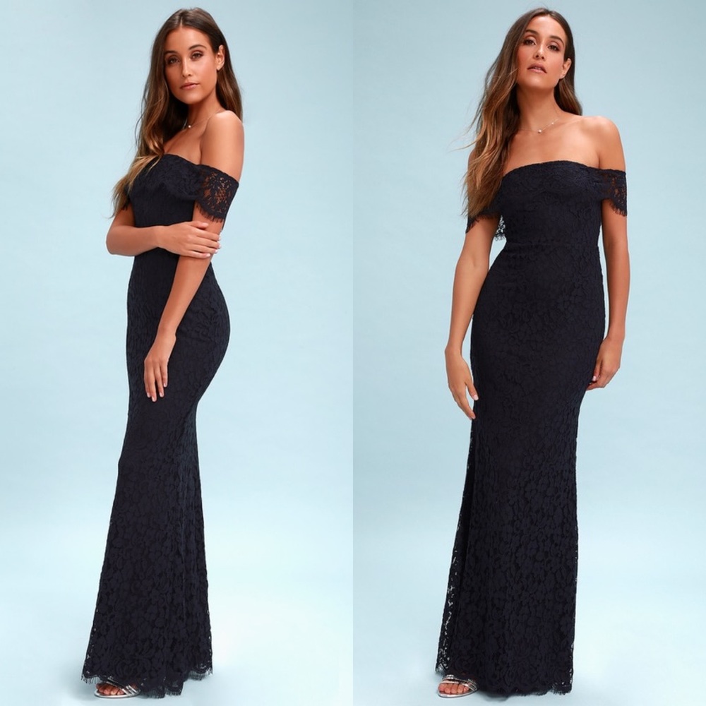 Lulus Off shoulder navy Lace Bridesmaid dress maxi